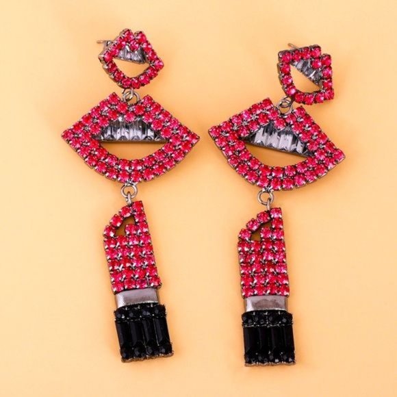 SOLD OUT💔Callie LIPS: GLOSSED & Dangling Red & Pink Jeweled Rhinestone Earrings - Picture 4 of 7